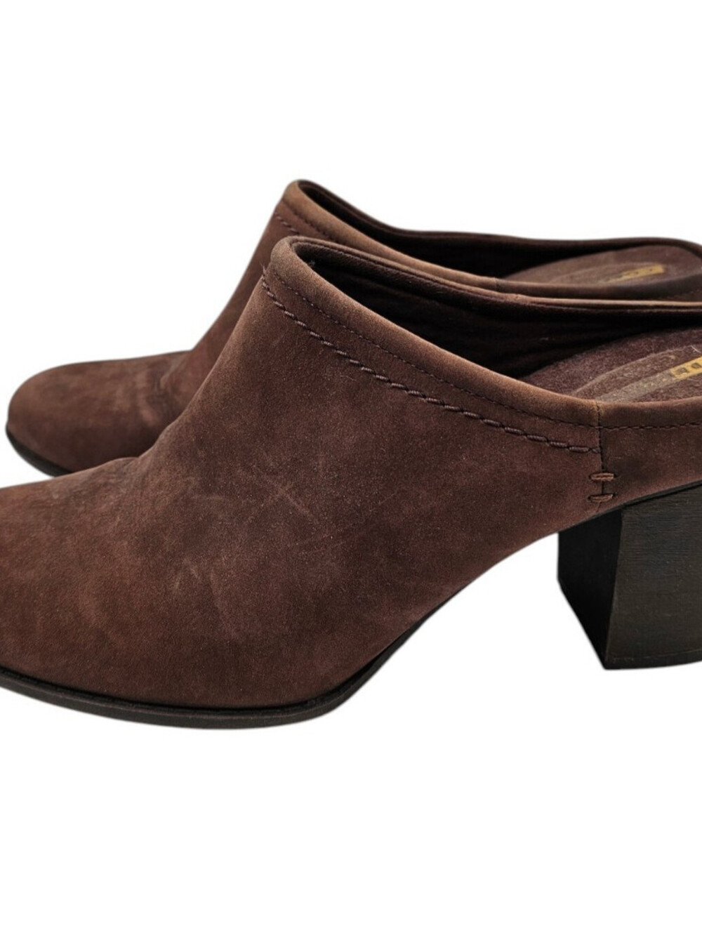 Clarks Collection Enfield Sandy brown suede block heel mules Sz 11